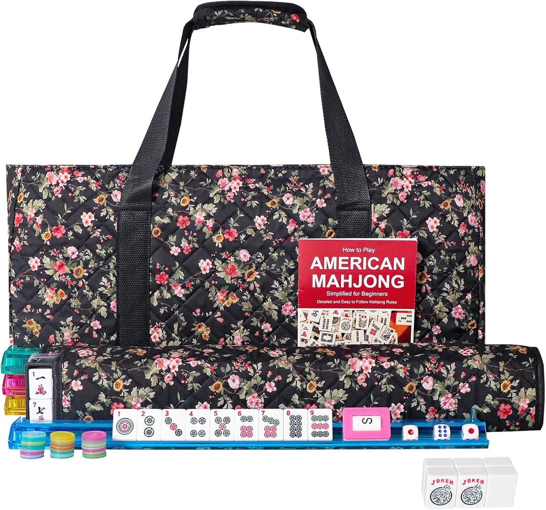American Mahjong Game Set, 166 Premium White Tiles, 4 All-in-One Color Rack/Pushers, Complete Mahongg Tile SetFlower Printed Carrying Bag (Rectangular, Black)