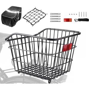 Large Rear Bike Basket - Heavy Duty Metal Bicycle Cargo Crate with Upgraded Anti-Rattle System, Waterproof Liner & Cargo Net - 55LB Capacity Rack Mounted Basket for E-Bike, Cruiser, Mountain Bike