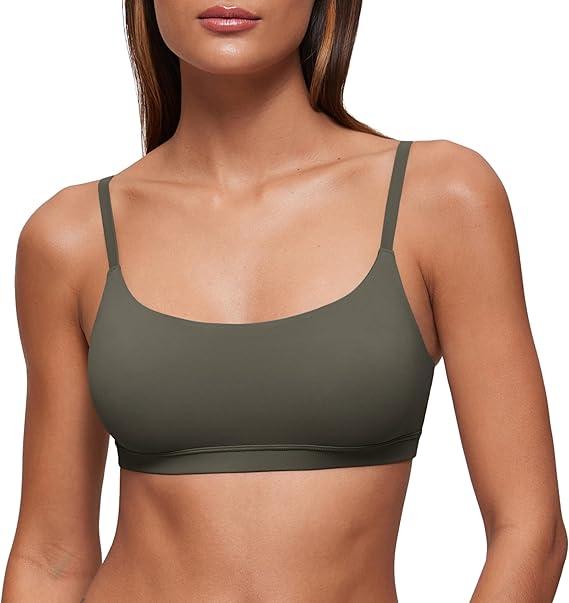 Womens Y-Back Sports Bra, Weightless Padded Yoga Bra, Spaghetti Strap Low Impact Gym Top for Workout & Daily Wear, Olive Green Medium