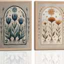 Boho Wall Art Set of 2 with Wooden Frame Vintage Moon and Sun Floral Prints, Earthy Tone Botanical Painting, Cottagecore Framed Picture Wall Decor 16x24 Inch
