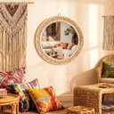 Vercraft Boho Round Hanging Wall Mirror Decor 16 Inches Rattan Wicker Costal Loop Round Circle Mirrors for Coastal Farmhouse, Living Room, Bedroom, Entryway