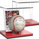 FEMELI Baseball Case Display Holder: 2PCS Acrylic Clear Ball Box with Base/Card Slot-Memorabilia Showcase Autograph Softball Protector Stand (Red)