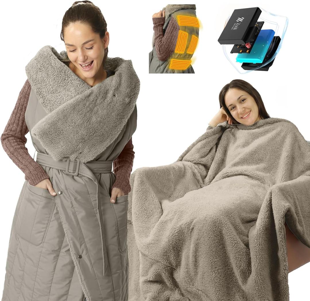 ZonLi Electric Wearable Heated Blanket, 2-in-1 Design Portable Cordless Heated Blankets Battery Operated Heated Shawl Blanket, Rechargeable Power Bank for Home, Office, Travel, Gift for Christmas