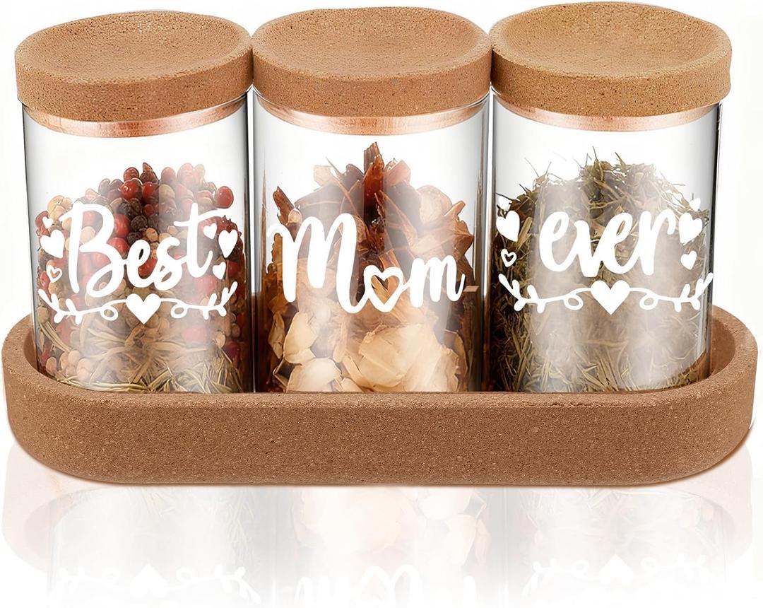 Best Mom Ever Glass Spice Jars Set with Cork Lids and Tray, 3-Piece Seasoning Storage Jars for Kitchen for Mom