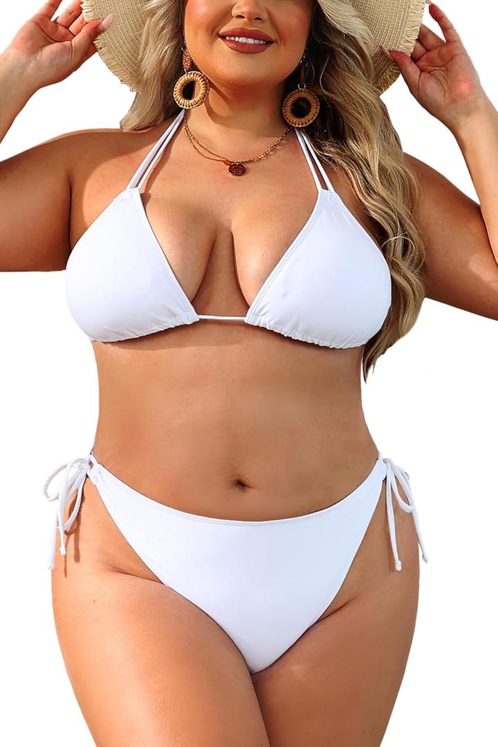 Daci Women Plus Size Triangle Bikini Sets Two Piece Double Straps Halter Swimsuit Side Tie String Sexy Bathing Suits (White), 18 Plus