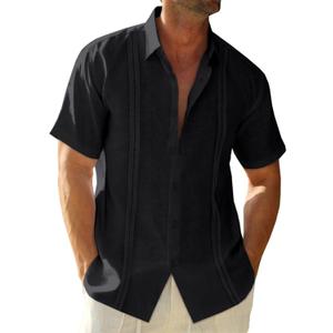 Runcati Mens Linen Cuban Guayabera Shirts Button Down Short Sleeve Shirt Cotton Hippie Summer Beach Vacation Shirts (Black, L)