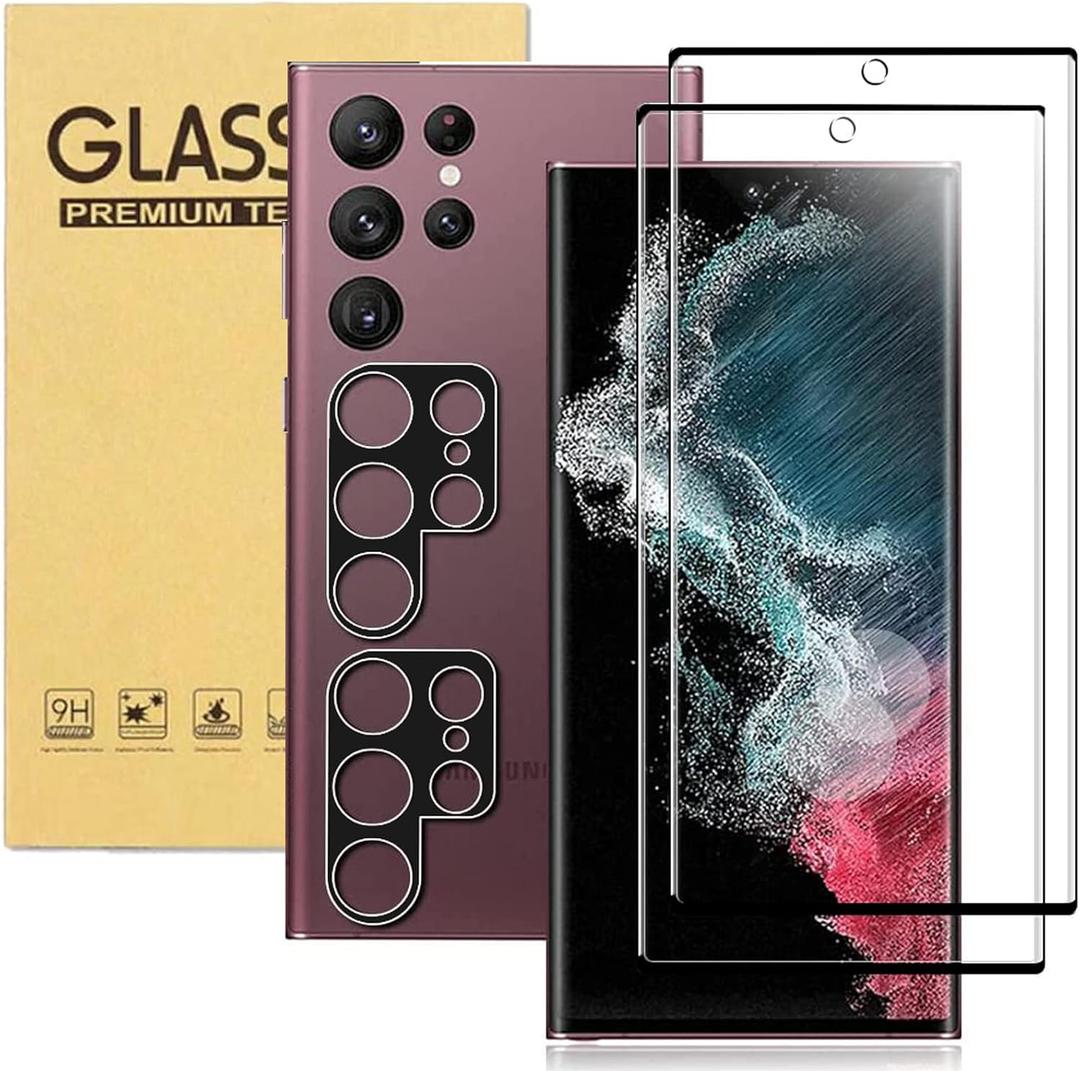 [2+2Pack] Galaxy S22 Ultra Screen Protector Tempered Glass + Camera Lens [9H Hardness][Compatible Fingerprint] 3D Curved HD Clear Glass Film For Samsung Galaxy S22 Ultra Screen Protector (6.8")