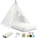 Teepee Tent for Kids with Inflatable Airbed, String Lights, Balloons, Pump, Washable Slumber Party Tent with Size 65"x51"x71", Playhouse Tent for Playtime and Sleepover (White)