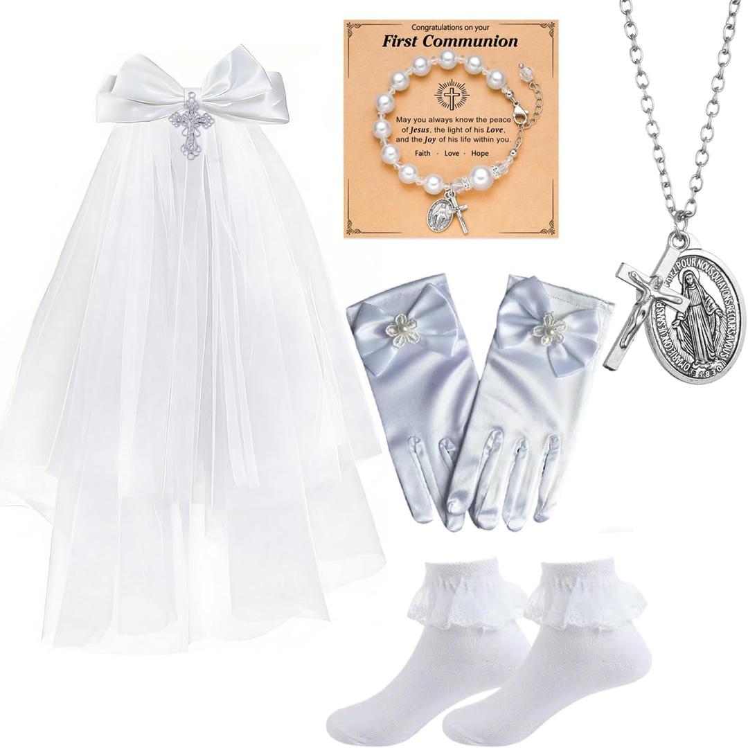 First Communion Veils Set 1st Communion White Bow and Cross Veil Headpiece Bracelet Gloves Sock Accessories