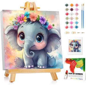 Reivworl Paint by Numbers Kit for Kids with Frame and Easel, Elephant Paint by Number for Kids Age 6-8-12, Acrylic Paint by Numbers for Gifts and Home Decor (8X8inch)