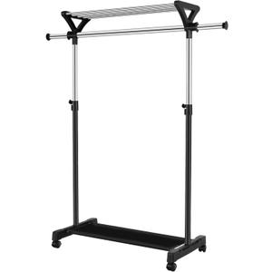 Clothes Rack on Wheels with Extra Top Storage Shelf, Expandable Rolling Garment Rack for Hanging Clothes, Heavy-duty Metal Stainless Steel Adjustable Organizer for Bedroom, Living Room