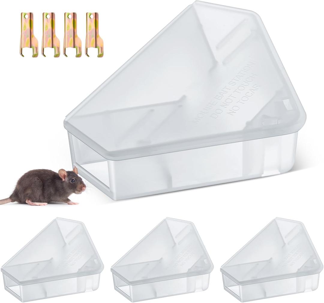 Qualirey 4 Pcs Mice Station with Key Triangle Bait Station Reusable Rodent Trap Bait Box, Keeps Children and Pets Safe Indoor & Outdoor, Bait Not Included, Suitable for Small Mice (Translucent)