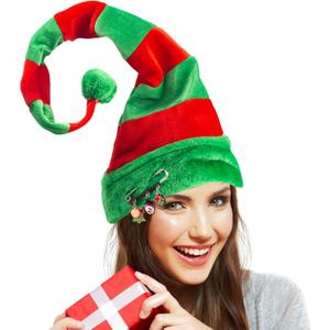 BigOtters Christmas Elf Hat, Long Striped Felt Hat with Cute Brooch Pin for Kids Adults