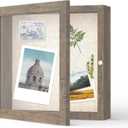 FrameWorks 8x8 Deep Shadow Box Frame, Wooden Display Case w. Linen Board & Tempered Glass Door - Brown Woodgrain - Small - Wall Mounted
