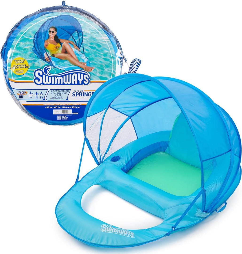 SwimWays Spring Float Premium Recliner with Canopy Pool Lounger, Inflatable Pool Floats Adult with Fast Inflation for Ages 15 & Up, Sky Blue