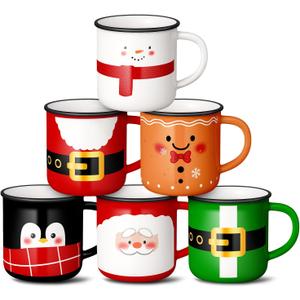Christmas Mini Coffee Mug Set of 6, Holiday Tea Coffee Cups with Santa Snowman Gingerbread and Penguin Designs, Xmas Tiered Tray Decor for Winter Kitchen Coffee Bar Decorations Gift