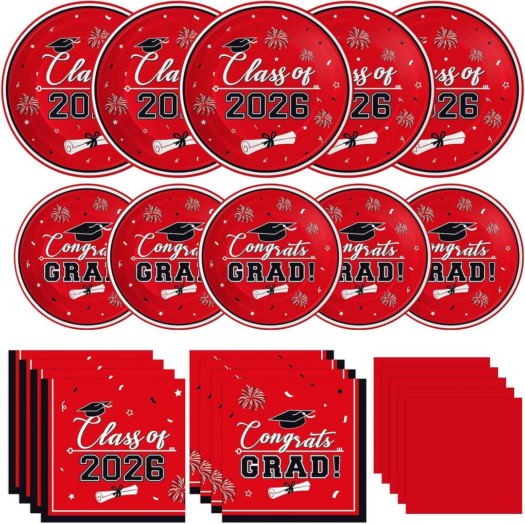Graduation Plates and Napkins 2026 Grad Party Supplies, Class of 2026 Congrats Grad Disposable Paper Plates Cocktail Napkins Set for 2026 Red Black Graduation Party Decorations Sets, Serve 50