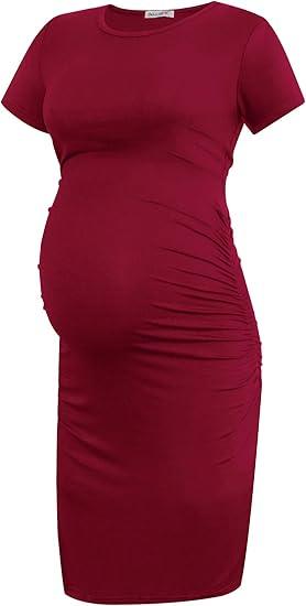 Smallshow Women's Short Sleeve Maternity Dress Ruched Pregnancy Clothes Size S, Red
