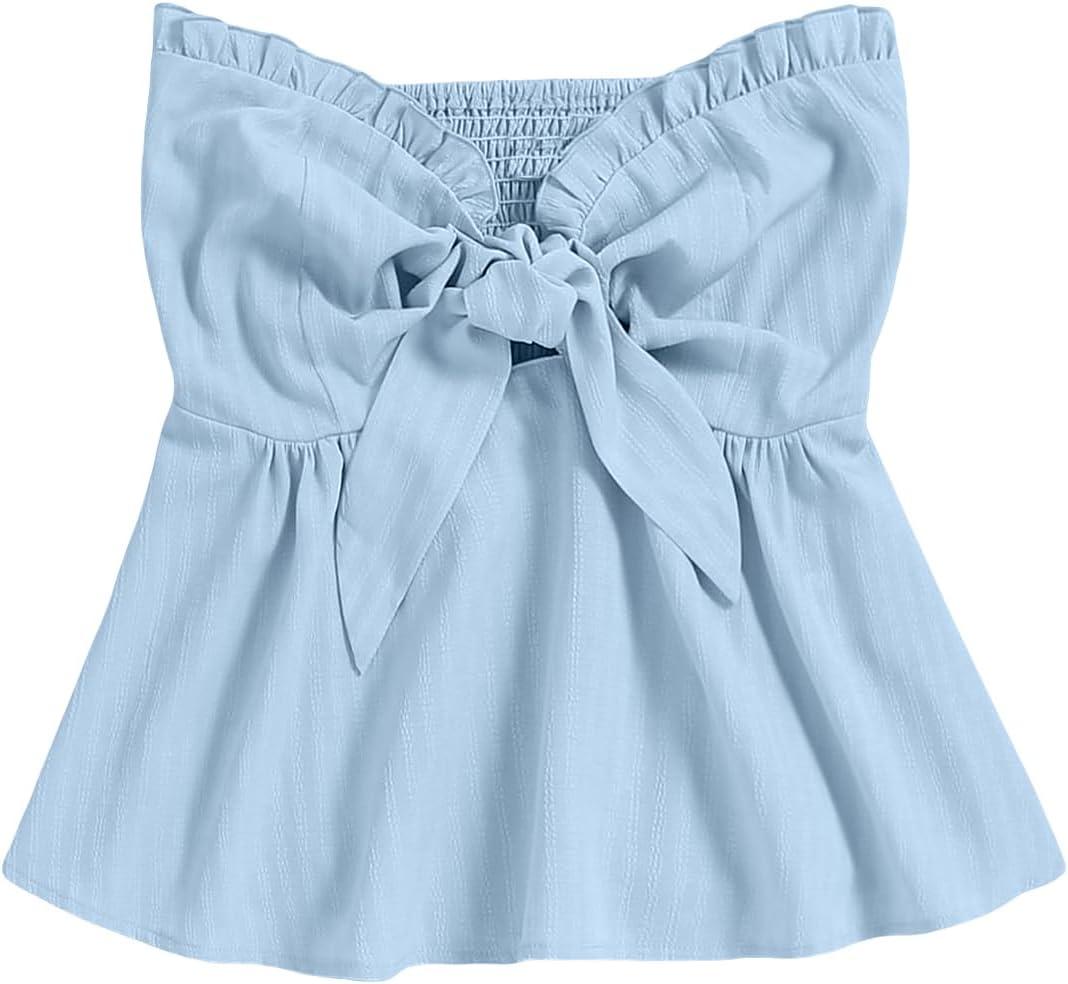 SOLY HUX Women's Frill Trim Tie Front Tube Top Sleeveless Strapless Ruffle Summer Tops (Blue, S)