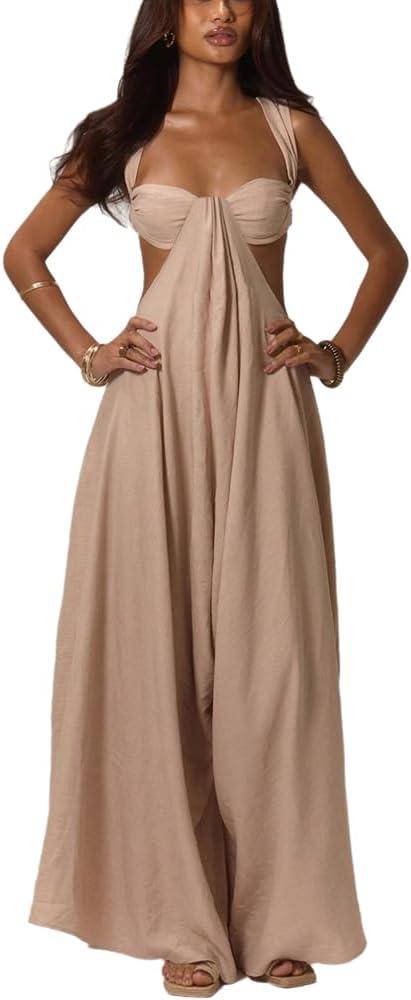 Sexy Jumpsuits for Women Summer Sleeveless Tie Up Backless Top Wide Leg Pants Jumpsuit Club Night Out Outfits (Small, A2 Khaki - Somewhat Big Plz Go One Size Down)