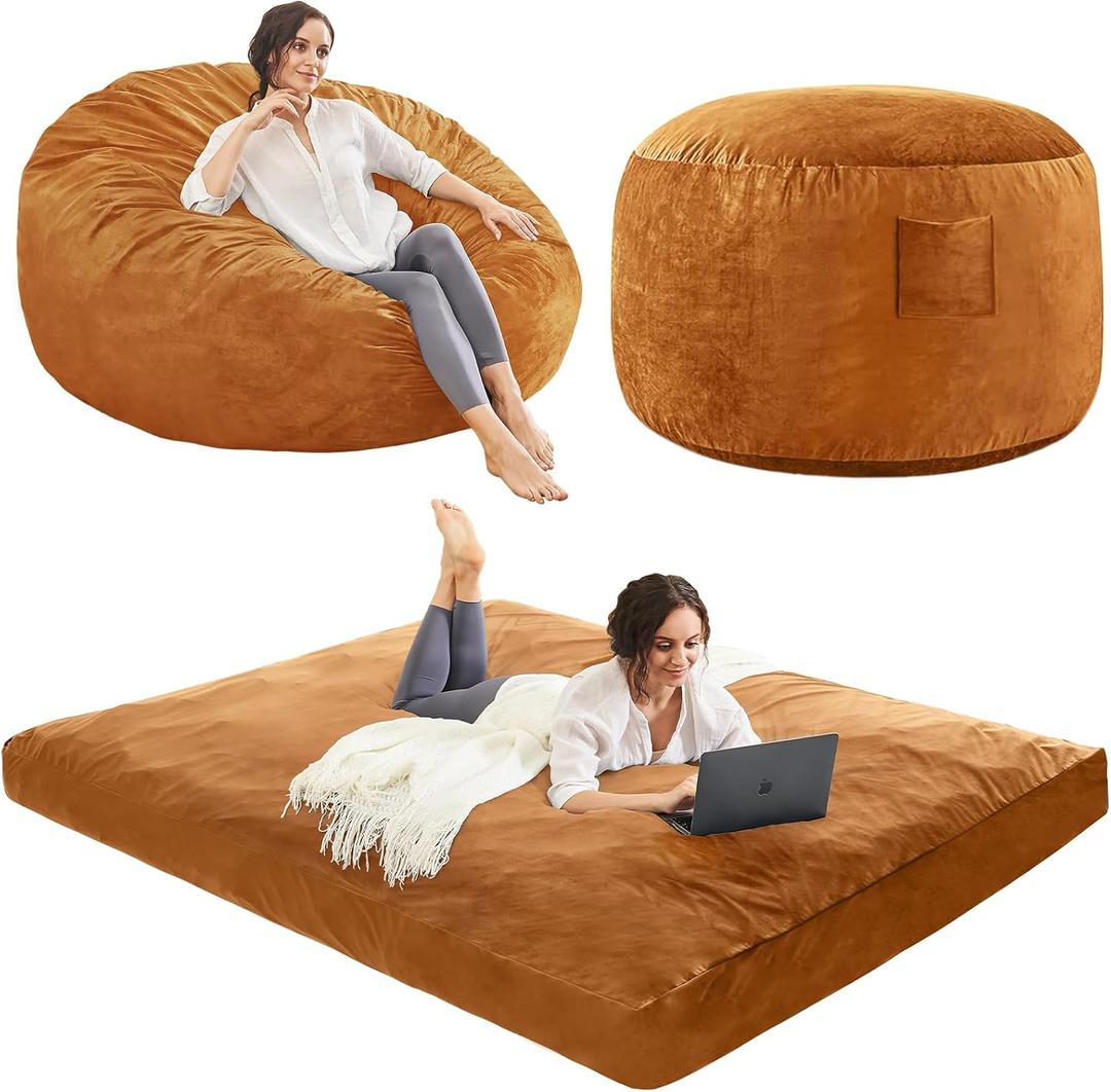 Bean Bag Chairs for Adults - Bean Bag Chair Convertible Bean Bag Bed - Beanbag Chair with Micro Fiber Cover - Queen Brown