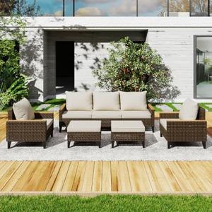 Chysenjujv 7 Piece Outdoor Patio Furniture Set, Wicker Rattan Sectional Sofa Set with Thick Cushions and High Backrest, All Weather Outdoor Conversation Set for Garden, Porch, Lawn, Poolside, Beige