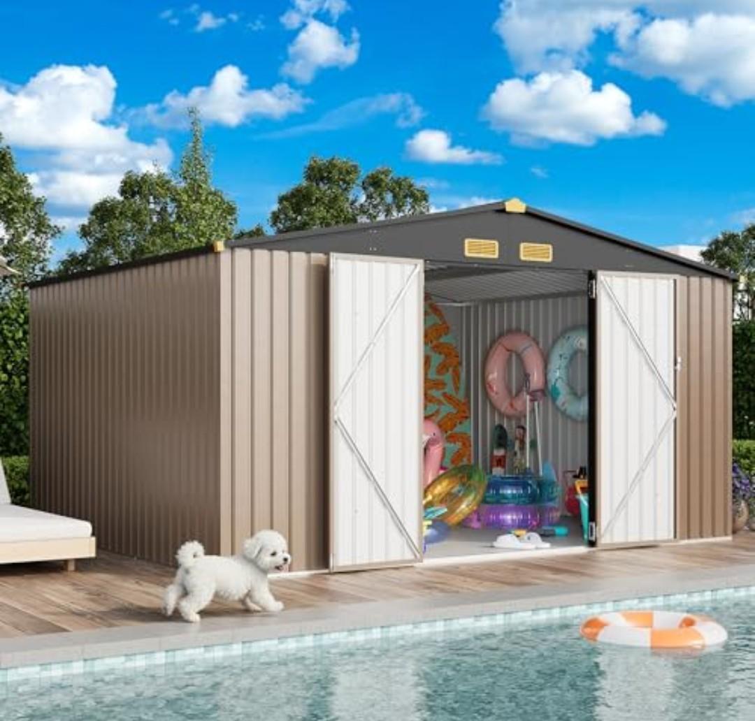 IRONCK 10x12FT Outdoor Storage Shed, Metal Garden Tool Shed with Breathable Vent and Lockable Doors, Outside Storage for Backyard, Poolside, Patio, Brown