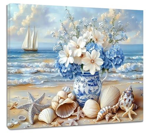 RASEONG Blue Ocean Floral Wall Art, Summer Seashell and Starfish Coastal Painting for Living Room or Bathroom, Framed Home Decor, 24W x 16L Inches(2 Pack)