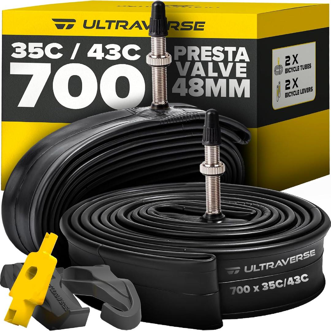 Ultraverse Bike Inner Tube for 700x23-25c, 700x28-32c, 700x35-43c 28 inch Bicycle Wheel Sizes with 48mm Presta Valve - Butyl Rubber Tubes for Road and Gravel Bikes - 2 Tubes, 2 tire levers Included