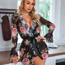Avidlove Mesh Lingerie Robe Sets Long Sleeve Kimono Nighty With Thong | Sexy, Long Sleeve, Soft, Sheer Mesh, Robe with Thong, Ruffle Bell Sleeves (Black, M)