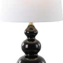 JONATHAN Y Bowen 27.5" Ceramic Triple Gourd Table Lamp, Black/Brass Gold | Contemporary, White Linen Drum Shade, Modern Transitional Style, Metal Base, LED Bulb Included