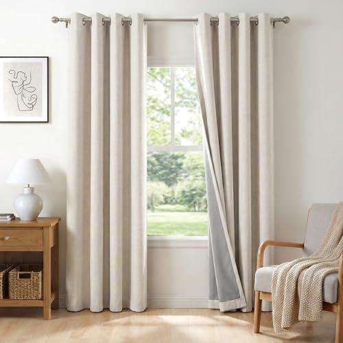 100% Blackout Shield Linen Blackout Curtains for Bedroom, Beige Grommet Curtains for Living Room, Thermal Insulated Room Darkening Drapes for Nursery, Boho Home Decor