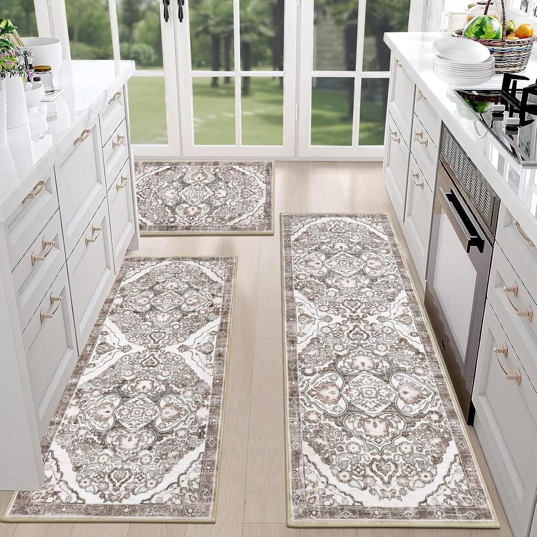 HEBE Farmhouse Kitchen Rugs Sets of 3 Non Slip Washable Boho Kitchen Rugs and Mats for Floor Kitchen Runner Rug Floor Carpet for Kitchen, Laundry, Hallways (20"x32"+20"x48"+20"x59", Brown)