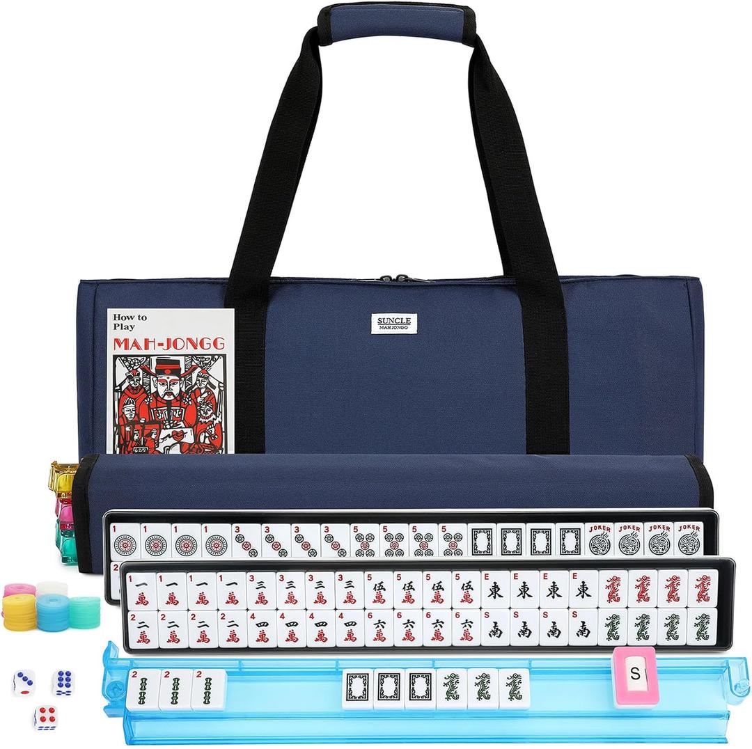 American Mahjong Tile Set,166 White Tiles Complete Mahjong Kit with Blue Carring Bag, 4 All-in-One Rack/Pushers 2 Mahjong Tile Tray with Lids, American Mahjong Set with Blue Carrying Bag