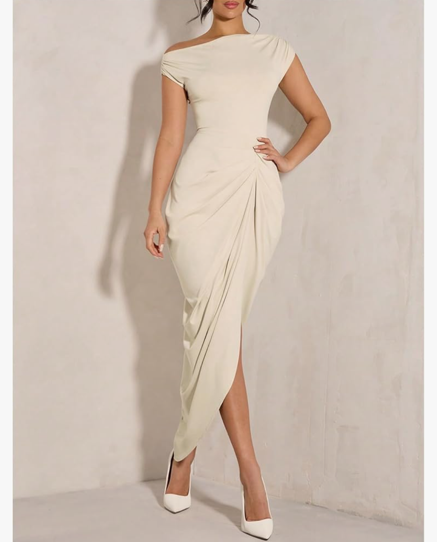 Floerns Women's Elegant Long Dress Asymmetrical Off Shoulder Ruched Slit Bodycon Cocktail Dresses M