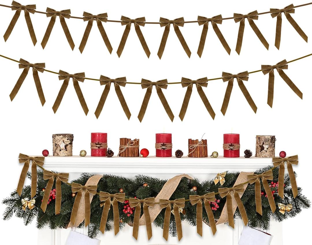 Christmas Velvet Bows Garland, 10ft Pre-Strung Christmas Garland Banner with 15 Bows, Indoor Vintage Elegant Velvet Ornaments Home Decor Decorations for Mantle Tree Party Wall Office, Khaki Brown/Tan