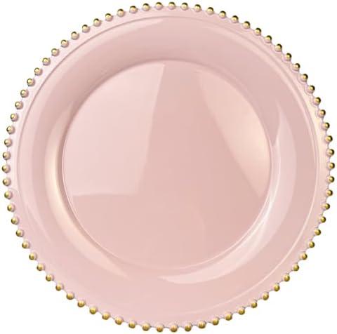 UOEKCS Pink Beaded Charger Plates, 13 Inch Plastic Round Chargers for Dinner Plates, Party, Wedding, Birthday.Set of 6