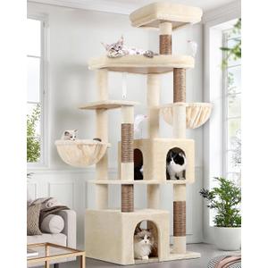 Globlazer Sturdy Cat Tree, 68-inch Large Cat Tower for Indoor Adult Cats 20 lbs Heavy Duty Cat Tree for Big Cats with Extra Large Platform, 5 Scratching Post, S68, Beige