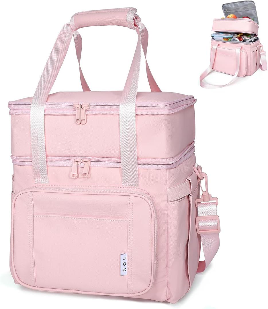 NOL Natural Organic Lifestyle Insulated Lunch Bag for Women/Men, Large Double-layer Expandable Leakproof Lunch Cooler Bag, Lunch Tote Bag With Side Tissue Pocket for Office Travel Picnic (Pink)