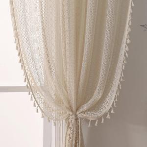 WAZZIO Boho Lace Curtains 63 Inches 2 Panel,Light Filtering Privacy Tassel & Geometry Crochet Semi Sheer Curtain Drapes for Bedroom Living Dining Room,Rod Pocket & Tassel,Vintage French Country, Beige