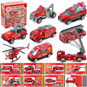 JOYIN 28 Packs Valentines Day Cards with DieCast Fire Rescue Vehicles Toys for Kids Valentine Party Favor, Classroom Exchange Prize and Gifts for Boys