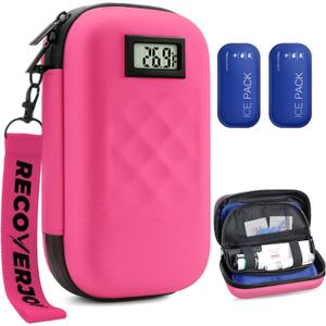 TSA Approved Insulin Cooler Travel Case Diabetic Medication Bag With Thermometer Temperature Display Medication Diabetic Cooler Travel Medicine Organizer Bag for women & 2 Ice Pack-Rose red