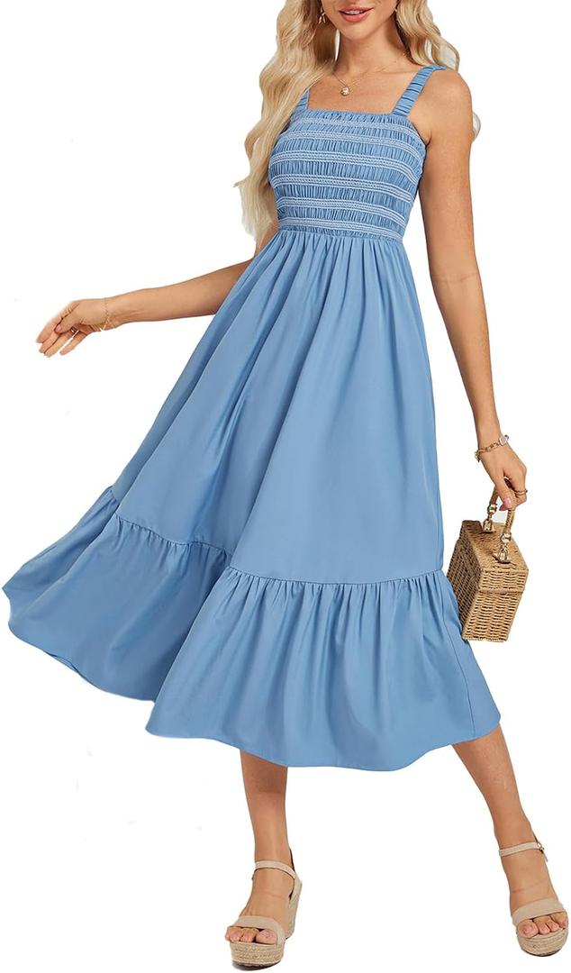 GRACE KARIN Sundresses for Women 2025 Summer Casual Maxi Dress Sleeveless Flowy Long Beach Vacation Sundress with Pocket (Small, Gray Blue)