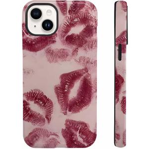 Cute Red Lip Print Kiss Marks Aesthetic Phone Case for iPhone 14/13 (6.1"), Shockproof Soft TPU & Hard PC Hybrid 2-Layer Protective Phone Cover for Teen Girls Women