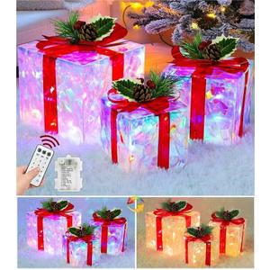 3 Pack Iridescents Christmas Valentine Decorations Lighted Gift Boxes with Remote 60 Color Change Lights 12 Mode&Timer Battery Operated Light Up Crystal Cube Present Box Xmas Outdoor Yard Home Decor