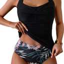 Eomenie Womens Halter Tankini Bathing Suit Ruched Tummy Control Two Piece Swimsuit with Bottom (Large, Black Floral)