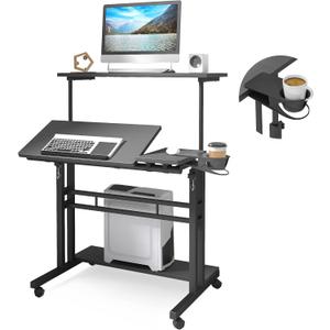 Mobile Standing Desk, Adjustable Rolling Computer Desk with 3 Desktops, Portable Laptop Table with Cup Holder, Home Office Laptop Workstation on Lockable Wheels, Black