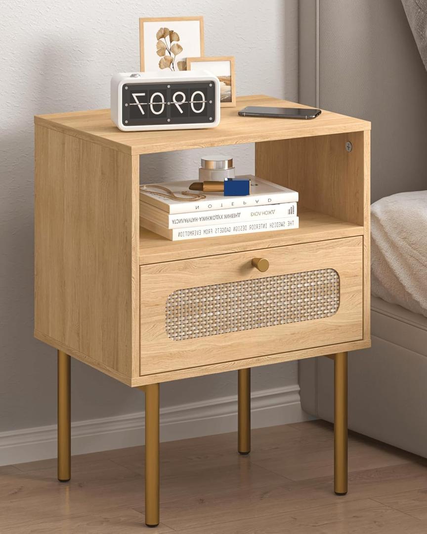 Leomonio Nightstand, Modern Beside Table with Storage Drawer and Open Wood Shelf, Small End Side Table with Glass Decorative Door and Gold Frame, for Living Room, Bedroom (Oak-4)