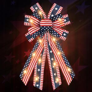 LED 4th of July Bows for Wreath, Patriotic Wreath Bow Red Blue Burlap Bow American Flags Ribbons with LED Lights Memorial Day Farmhouse Craft Bows for Front Door Decorations (Style 1)