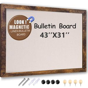 Large Magnetic Bulletin Board 43x31 Inch,Rustic Wood Framed Cork Board with LinenWall Mounted Notice Board with Pushpins for Home Office School (43inchx31inch, Brown)
